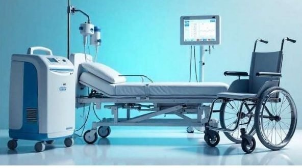 Lit médicalisé, fauteuil roulant et équipement médical